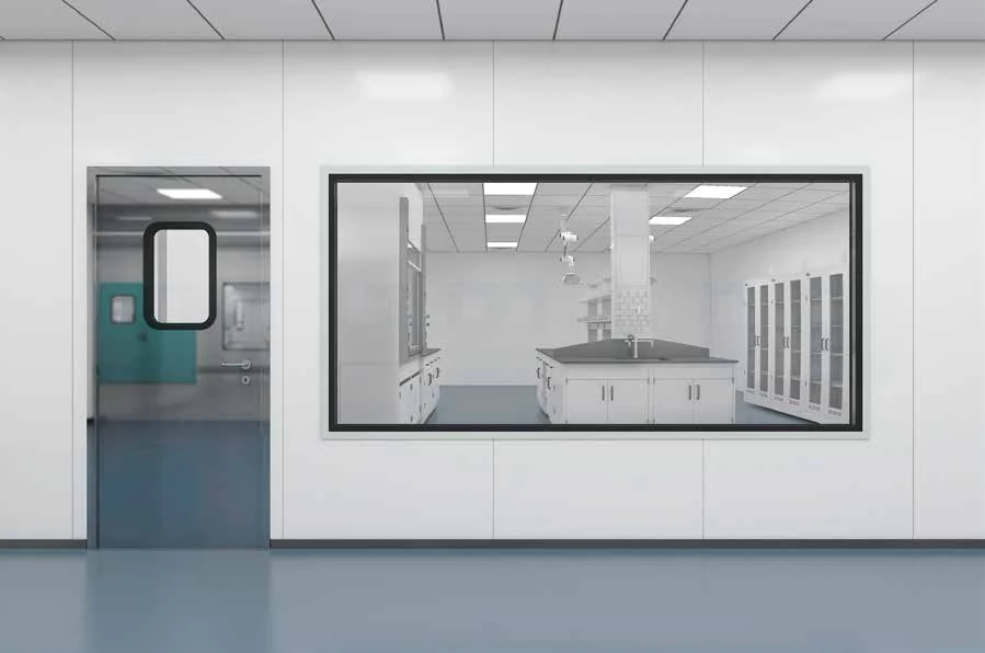 Company catalogue illustration of a framed observation window beside a door vision panel